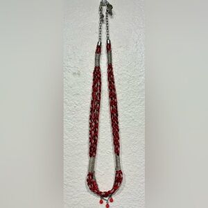 Vintage Red and Silver Tone Braided Cord Necklace
